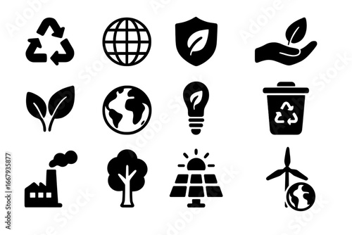Ecology and environment solid glyph icon set. Includes recycle symbol, planet earth, green energy, and nature conservation icons. Vector collection for sustainability concepts.