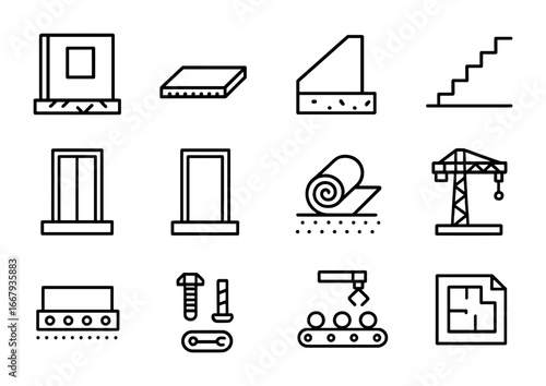 Modular Architecture Icons. Outline icon set of modular architecture elements: wall panel, floor panel, roof