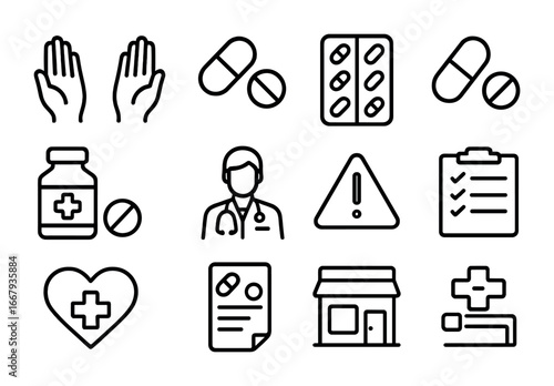 Pharmaceutical Awareness Icons. Outline icon set of pharmaceutical awareness campaign: hands, pills, blister
