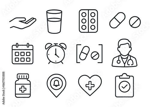 Pill Routine Icons. Outline icon set of pill-taking routine: hands, glass of water, blister pack, capsule,