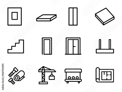 Modular Architecture Icons. Outline icon set of modular architecture elements: wall panel, floor panel, roof