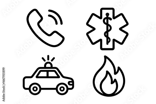 Emergency icons set. Vector line symbols for emergency response services. Phone call, medical star of life, police car, fire flame. Safety, alert, first aid, 911 call.
