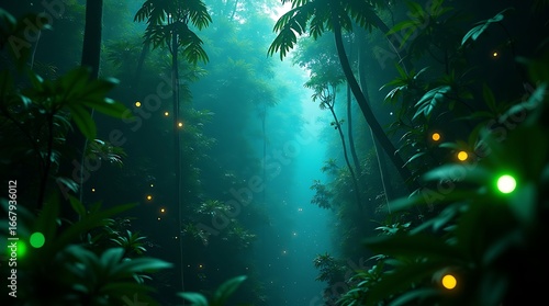 Enchanting jungle forest with fireflies wallpaper background nature scenery