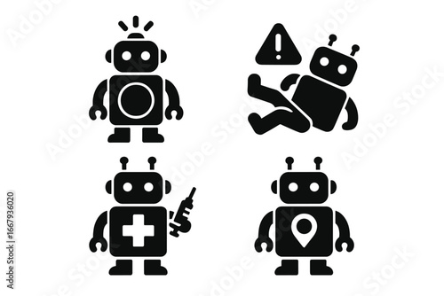 Emergency robot vector icon set. Senior care medical alert system with panic button, fall detection, first aid and GPS tracking symbols. Healthcare technology assistance concept.