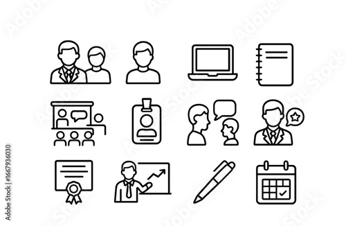 Mentoring Icons Set. Outline icon set of professional mentoring sessions: mentor, student, laptop, notebook,