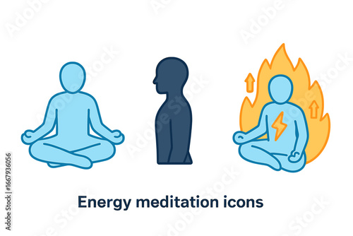 Energy meditation vector icon set. Seated lotus pose for calm, mind silhouette, and spiritual fire power aura. Yoga mindfulness and enlightenment concept cartoon illustration.