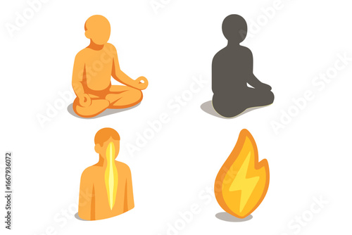 Energy meditation isometric icon set. Yoga lotus pose silhouette, spiritual healing, mindfulness practice. Vector cartoon flat design. Kundalini awakening, chakra energy flow.