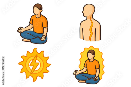Energy meditation vector icon set. Man in lotus pose with glowing aura. Spine sushumna energy channel and solar plexus chakra symbol. Spiritual healing yoga wellness concept.