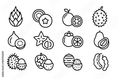 Exotic fruits outline icon set. Tropical fruit collection, simple line art. Vector pictograms for food design. Pitahaya, durian, carambola, mangosteen, passion fruit.