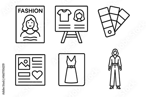 Fashion icon set. Style advice elements. Personal stylist and shopper tools. Outline vector icons of fashion magazine, style board, color swatch, mood board, outfit planning.