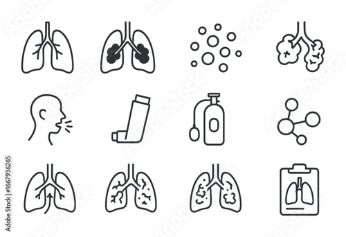 Smoking Effects Icons Grid. Outline icon set of effects of smoking on lungs: healthy lung, smoker lung, tar