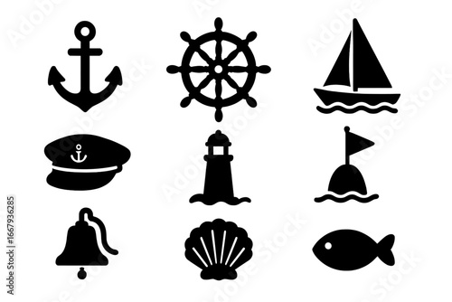 Nautical silhouette icon set. Marine, ocean, sailing vector collection. Sea symbols: anchor, ship wheel, sailboat, lighthouse, captain hat, fish, shell. Maritime elements.