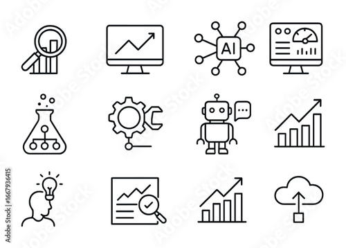 AI Decision Icons. Outline icon set of AI-driven decision making: data analysis, predictive model, neural