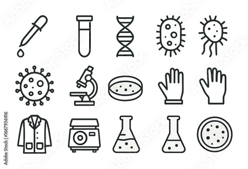 Ancient Microbe DNA Icons. Outline icon set of DNA extraction from ancient microbes: pipette, test tube, DNA