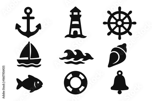 Nautical silhouette icons collection. Marine, sea, ocean vector set. Anchor, lighthouse, ship steering wheel, sailboat, waves, shell, fish, lifebuoy, bell. Route navigation, maritime, boating.