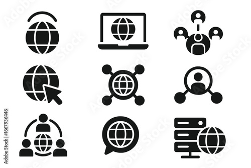 Global communication solid icon set. Internet, networking, and technology pictograms. Vector glyphs for web, social media, connection, server, and worldwide business concepts.