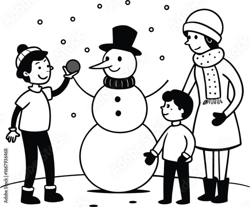 Snowman Parents Watching Children Play Snowball Fight