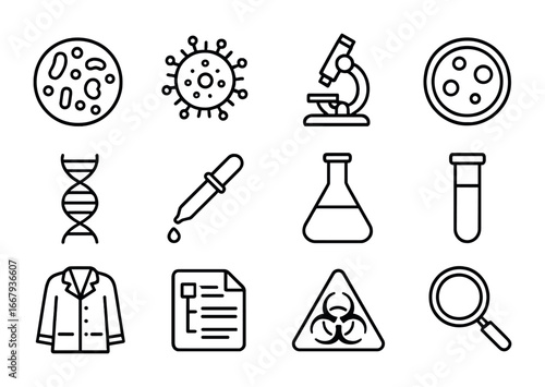 Microbial Evolution Icons. Outline icon set of Research on microbial evolution: bacterial colony, virus