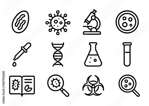 Microbial Discovery Icons. Outline icon set of Discovering ancient microbial life: fossilized bacteria, viral