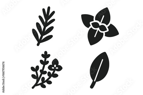 Herb icon set. Solid glyph collection of culinary herbs and spices. Rosemary sprig, basil, thyme, oregano, sage leaf. Vector illustration for cooking, food, seasoning concepts.