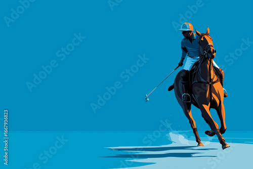 Dynamic Vector Illustration of Polo Player Riding Horse in Action with Mallet on Blue Background.