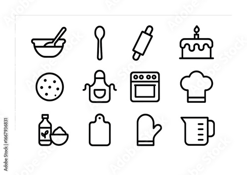 Family Cooking Icons. Outline icon set of Family Cooking Moments: mixing bowl, spoon, rolling pin, cake,