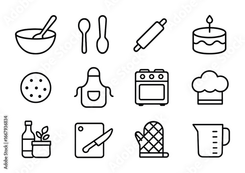 Family Cooking Icons. Outline icon set of Family Cooking Moments: mixing bowl, spoon, rolling pin, cake,