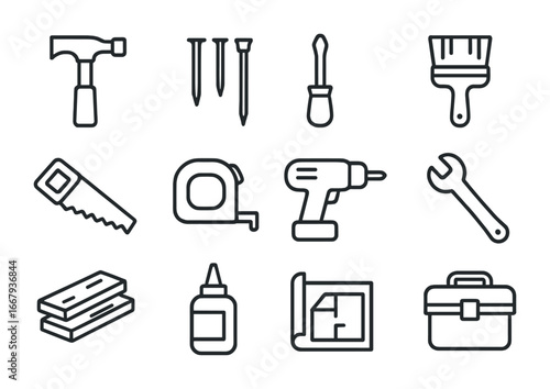 DIY Tools Icon Set. Outline icon set of Family DIY Projects: hammer, nails, screwdriver, paintbrush, saw, tape