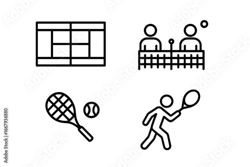 Tennis icon set with court, match, racket, and player illustrations, linear sports vector collection with transparent background, tennis game elements, cartoon style graphics