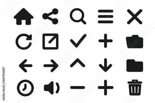Basic interface and UI silhouette icon set. Essential symbols for digital design, web and mobile app development. Vector collection of minimal glyphs for navigation and user experience.