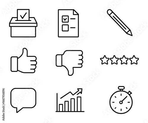 Educational Poll Icon Set. Outline icon set of Educational Polls: ballot box, voting paper, pencil, thumbs up,