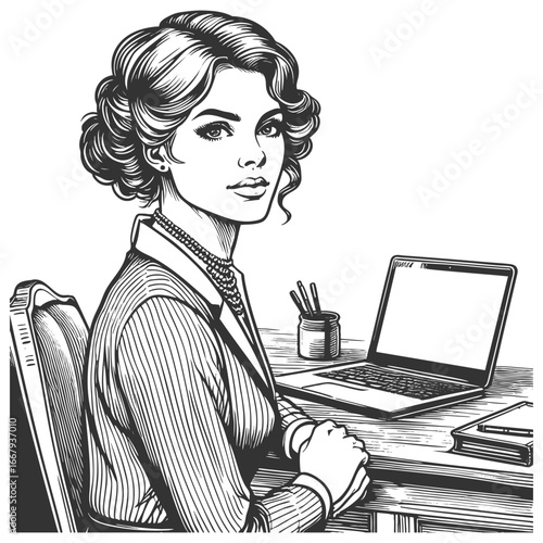 businesswoman in formal attire sitting at her desk with a laptop and office supplies sketch engraving generative ai fictional character vector illustration. Scratch board imitation. Black and white.