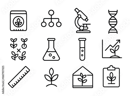 Crop Breeding Icons. Outline icon set of Crop breeding techniques: seed packet, genetic diagram, microscope,