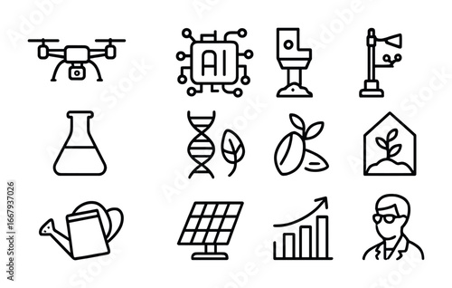 Agricultural Innovation Icons. Outline icon set of Agricultural innovation icons: drone, AI algorithm, soil