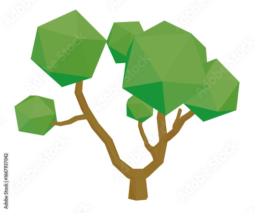 Low poly tree with green leaves on a white background, animated for a lively and vibrant appearance.
