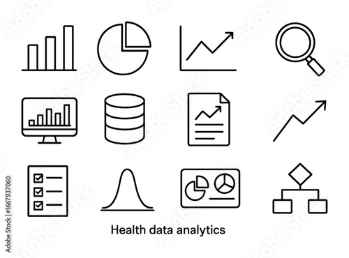 Health Data Icons. Outline icon set of Health data analytics: bar chart, pie chart, line graph, magnifying