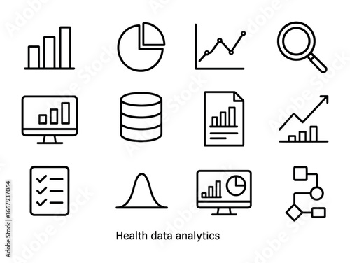 Health Data Icons. Outline icon set of Health data analytics: bar chart, pie chart, line graph, magnifying