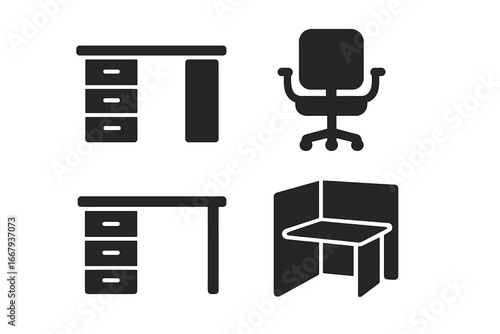 Office furniture solid icon set. Desk, chair, cubicle workstation icons. Workplace organization and corporate interior element symbols. Vector glyph graphic collection.