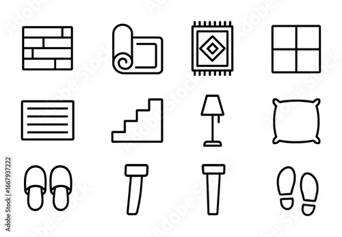 Flooring Icon Set. Outline icon set of Flooring and rugs: wooden floor, carpet, rug, tile, mat, stair, floor