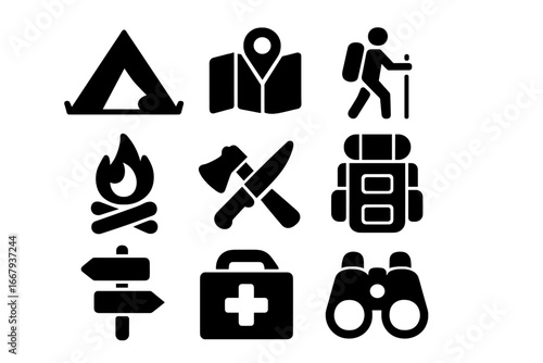 Outdoor adventure solid icon set. Camping, navigation, hiking, backpack, campfire, survival tools, first aid kit, binoculars, directional signs vector icons collection