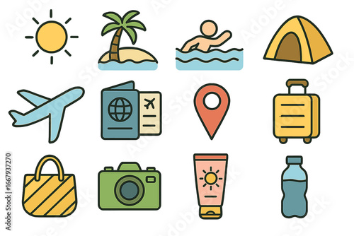 Travel essentials vector icons set showcasing summer vacation activities, transportation, and necessary items for a perfect holiday getaway in a colorful cartoon style