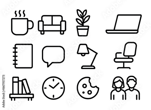 Office Icons Set. Outline icon set of Informal office interactions: coffee cup, sofa, plant, laptop, notebook,