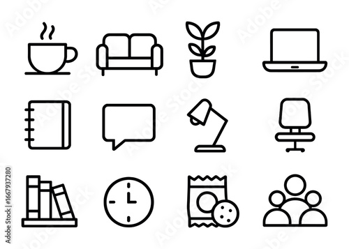 Office Icons Set. Outline icon set of Informal office interactions: coffee cup, sofa, plant, laptop, notebook,