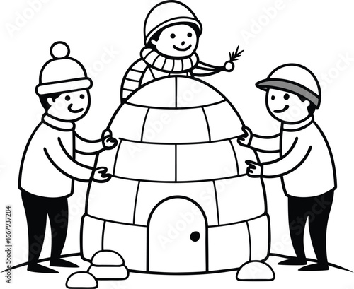 Snowmen Building Snow Igloo Together