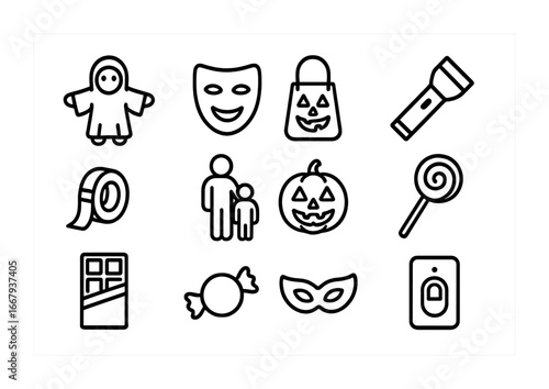 Halloween Safety Icons. Outline icon set of Halloween fun and safety: costume, mask, candy bag, flashlight,