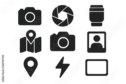 Photography and camera solid icon set with aperture, lens, location symbols, flash, photo frame, person silhouette, vector cartoon illustration on transparent background