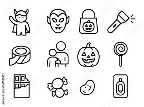 Halloween Safety Icons. Outline icon set of Halloween fun and safety: costume, mask, candy bag, flashlight,