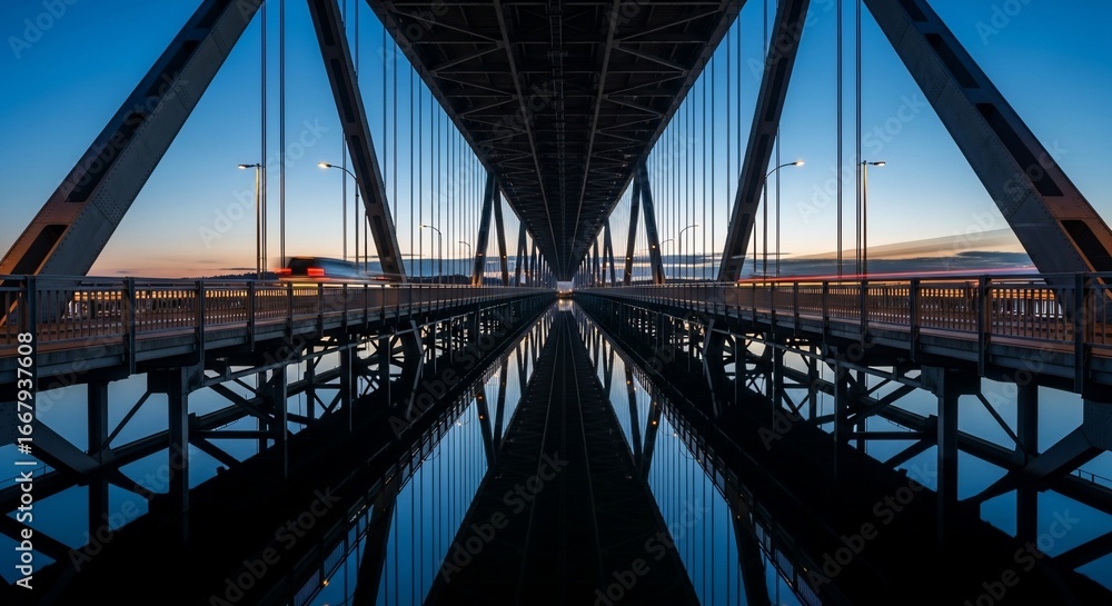 Fototapeta premium Suspension bridge reflection at dusk calm waters symmetrical structure