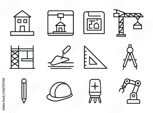 Architectural Icon Set. Outline icon set of Architectural prototyping: model building, 3D printer, blueprint,