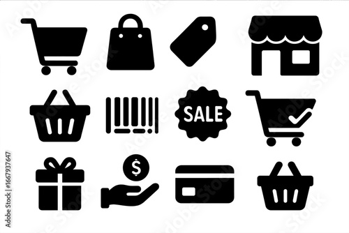 Shopping and e-commerce silhouette icon set with cart, bag, retail, sale, payment, gift, barcode, credit card, basket, money, and store icons, vector cartoon illustration